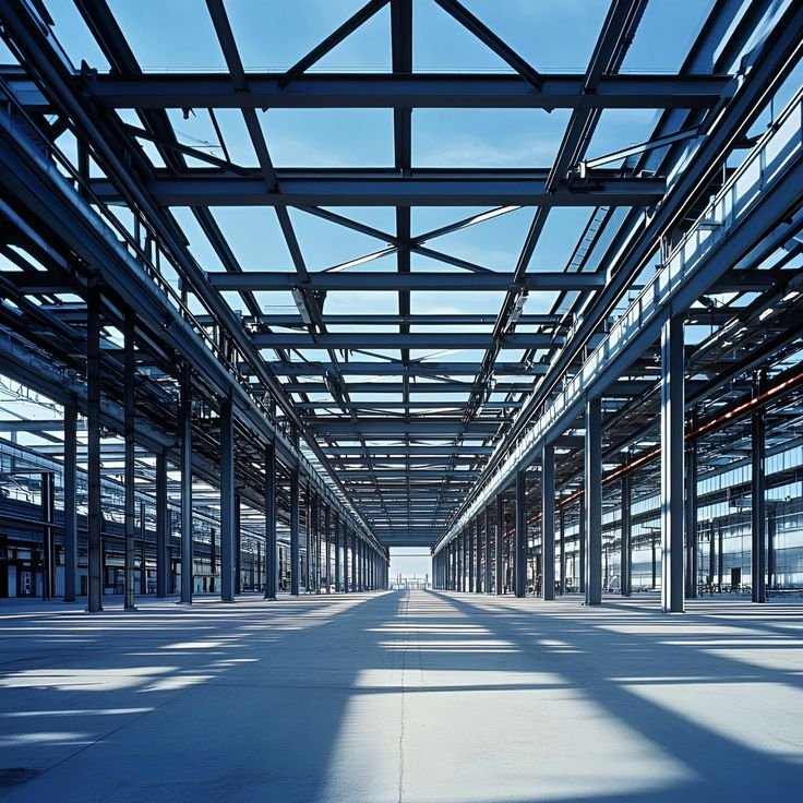 Structural steel framework inside a large industrial building in Kerala
