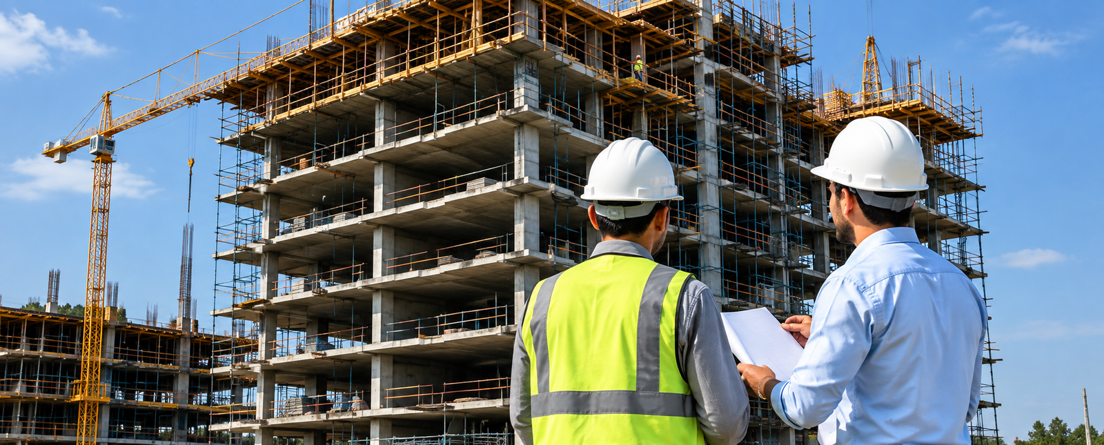 Two engineers reviewing plans at a multi-storey building construction site with a tower crane in Kochi