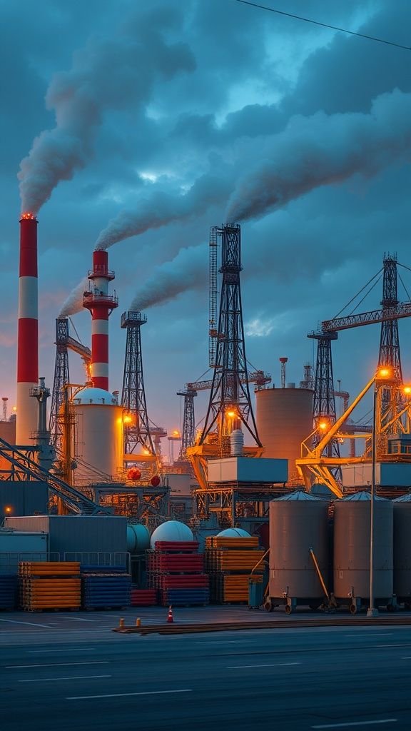 Industrial plant with chimneys and storage tanks by an industrial construction company in Kerala