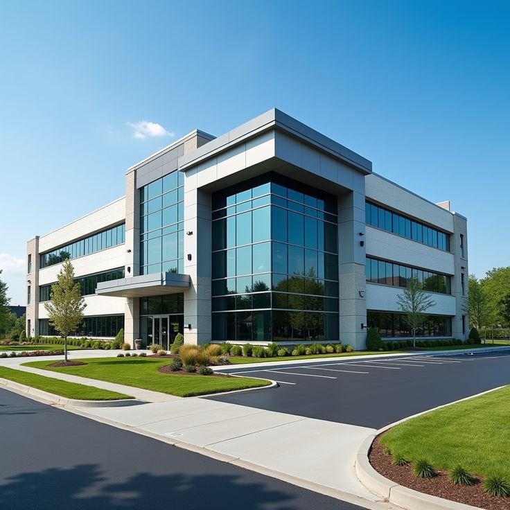 Modern glass-front office building by a commercial construction company in Kochi