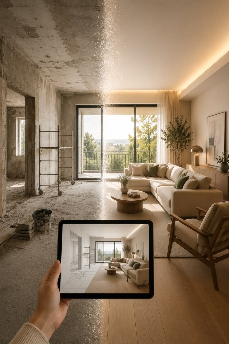 Interior renovation of a living room planned with a tablet by a building renovation company in Kochi