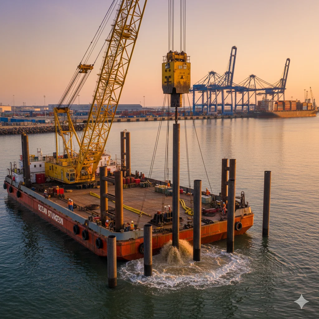 Crane barge driving piles for marine construction near a port in Kochi